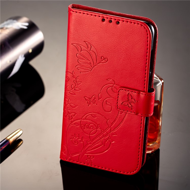 Imprint Butterfly Plant Magnetic Wallet PU Leather Stand Cover for Huawei P Smart / Enjoy 7S - Red-7