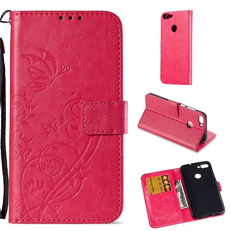 Imprint Butterfly Plant Magnetic Wallet PU Leather Stand Case Shell for Huawei P Smart / Enjoy 7S - Rose-1