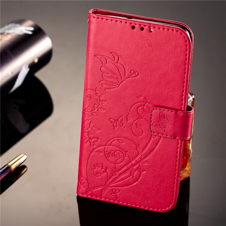 Imprint Butterfly Plant Magnetic Wallet PU Leather Stand Case Shell for Huawei P Smart / Enjoy 7S - Rose-7