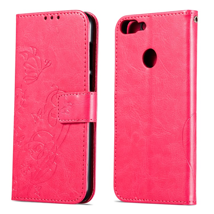 Imprint Butterfly Plant Magnetic Wallet PU Leather Stand Case Shell for Huawei P Smart / Enjoy 7S - Rose-8