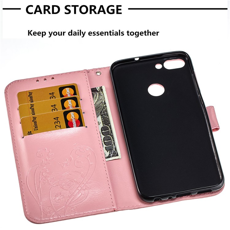 Imprint Butterfly Plant Magnetic Wallet PU Leather Stand Case Cover for Huawei P Smart / Enjoy 7S - Pink-5