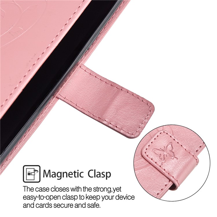 Imprint Butterfly Plant Magnetic Wallet PU Leather Stand Case Cover for Huawei P Smart / Enjoy 7S - Pink-6