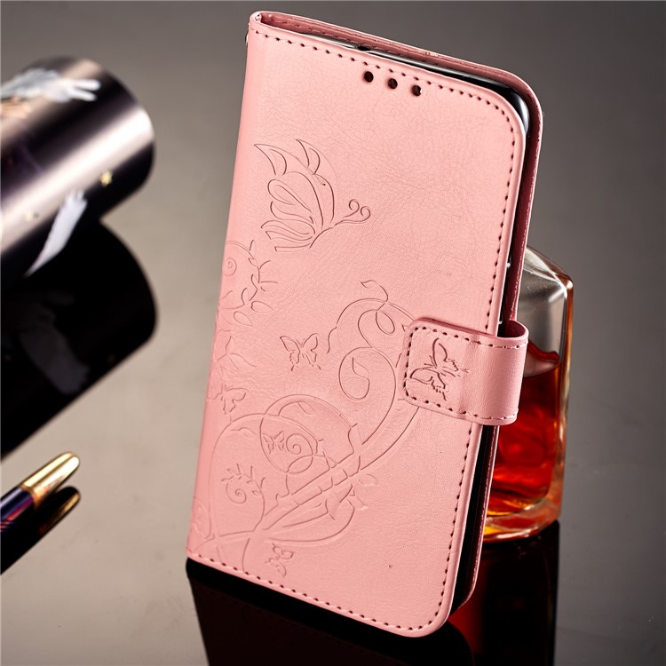 Imprint Butterfly Plant Magnetic Wallet PU Leather Stand Case Cover for Huawei P Smart / Enjoy 7S - Pink-7