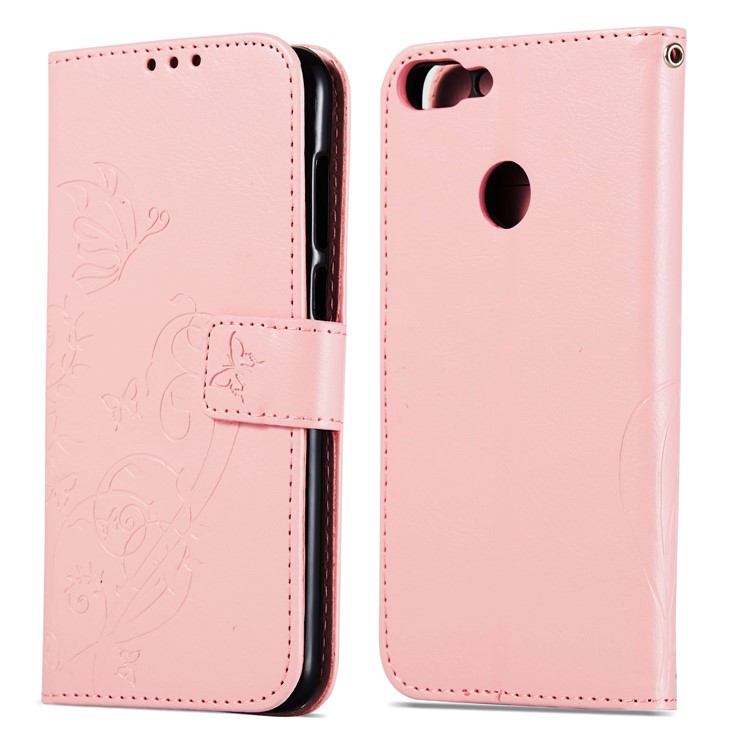 Imprint Butterfly Plant Magnetic Wallet PU Leather Stand Case Cover for Huawei P Smart / Enjoy 7S - Pink-8
