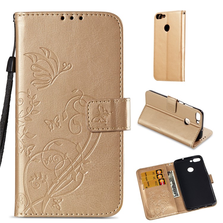 Imprint Butterfly Plant Magnetic Wallet PU Leather Stand Casing Cover for Huawei P Smart / Enjoy 7S - Gold-1