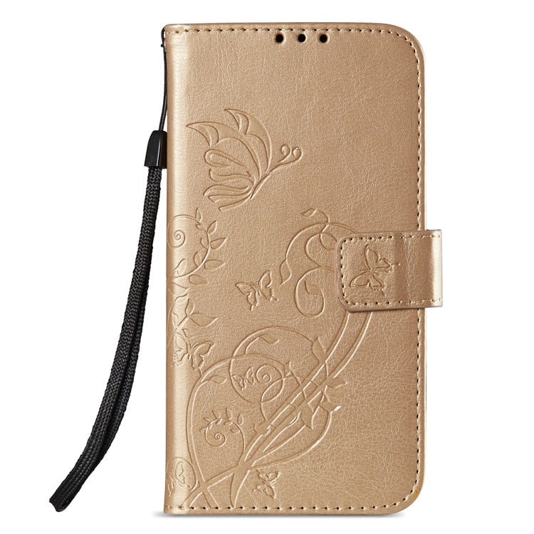 Imprint Butterfly Plant Magnetic Wallet PU Leather Stand Casing Cover for Huawei P Smart / Enjoy 7S - Gold-2
