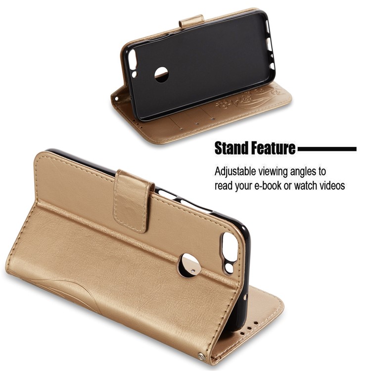 Imprint Butterfly Plant Magnetic Wallet PU Leather Stand Casing Cover for Huawei P Smart / Enjoy 7S - Gold-3