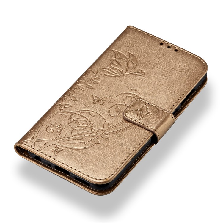 Imprint Butterfly Plant Magnetic Wallet PU Leather Stand Casing Cover for Huawei P Smart / Enjoy 7S - Gold-4