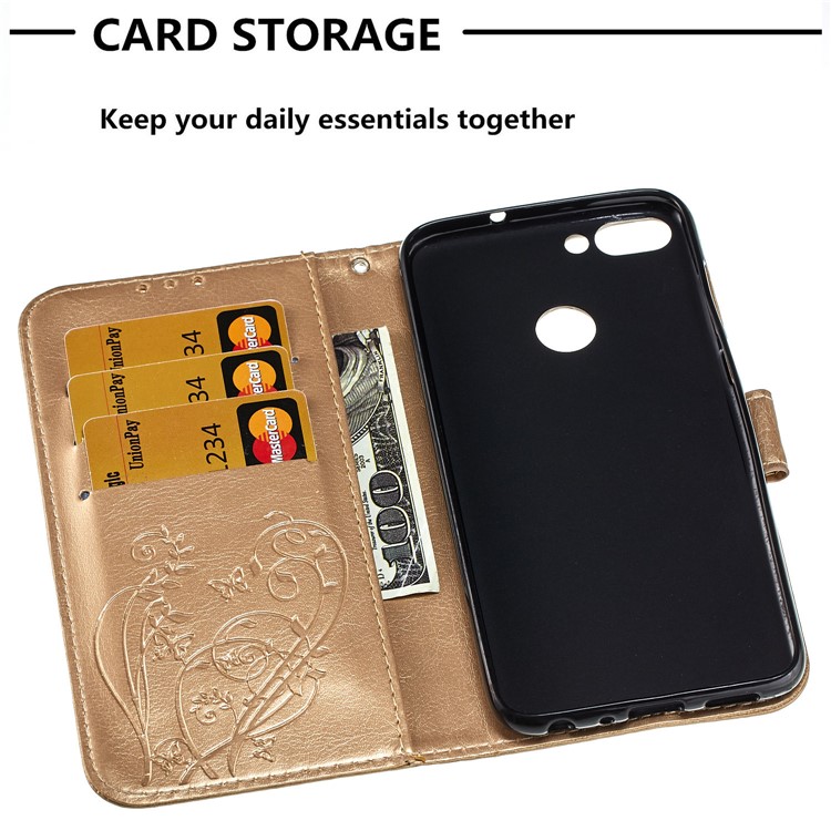 Imprint Butterfly Plant Magnetic Wallet PU Leather Stand Casing Cover for Huawei P Smart / Enjoy 7S - Gold-5