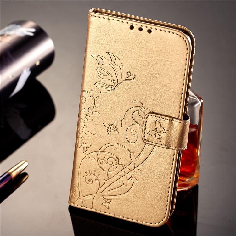 Imprint Butterfly Plant Magnetic Wallet PU Leather Stand Casing Cover for Huawei P Smart / Enjoy 7S - Gold-7