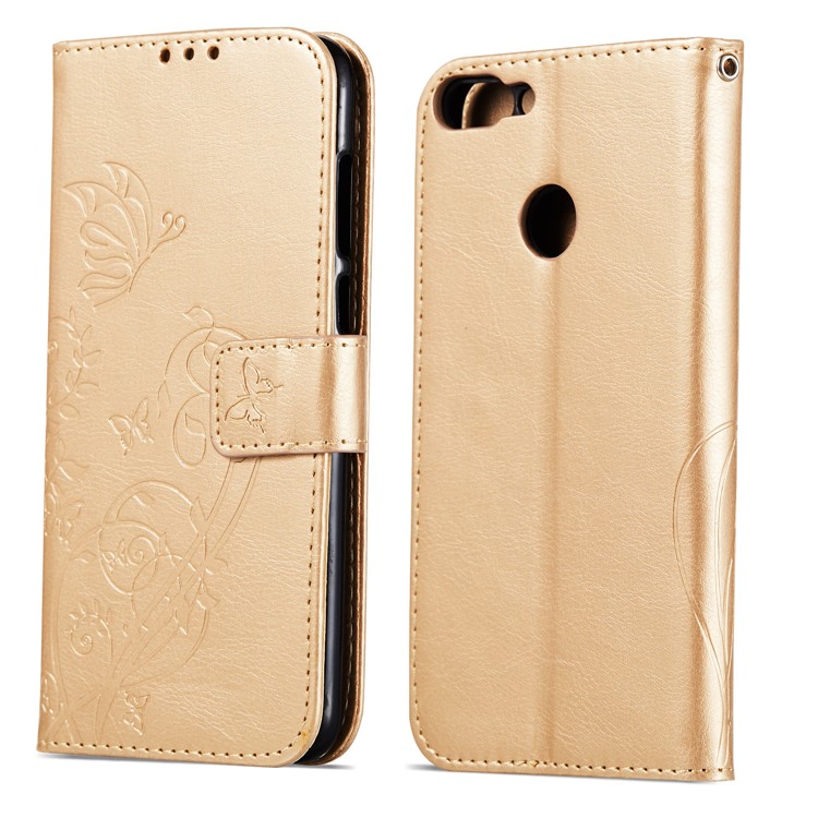 Imprint Butterfly Plant Magnetic Wallet PU Leather Stand Casing Cover for Huawei P Smart / Enjoy 7S - Gold-8