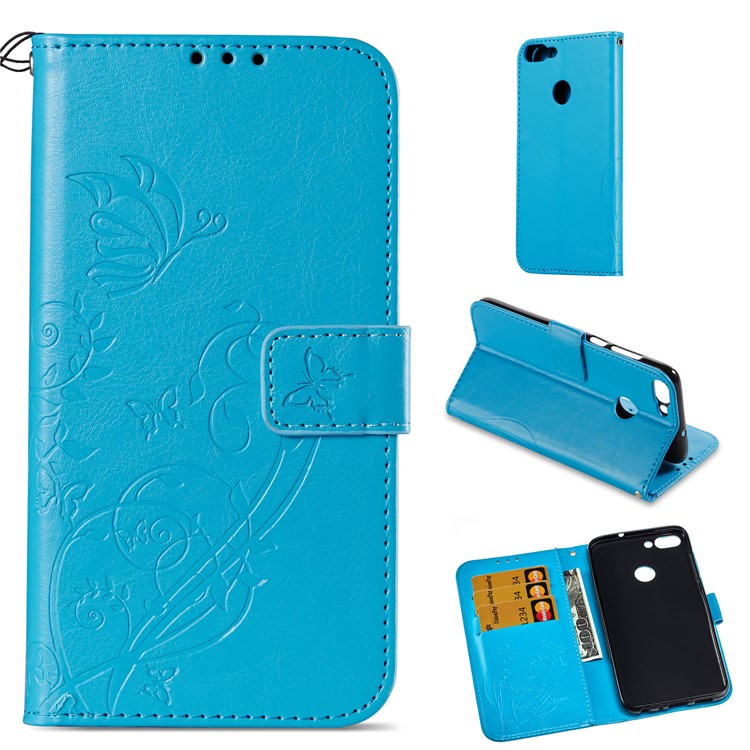 Imprint Butterfly Plant Magnetic Wallet PU Leather Stand Phone Case for Huawei P Smart / Enjoy 7S - Blue-1