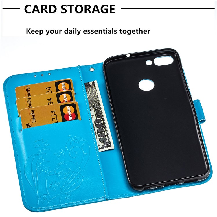 Imprint Butterfly Plant Magnetic Wallet PU Leather Stand Phone Case for Huawei P Smart / Enjoy 7S - Blue-5