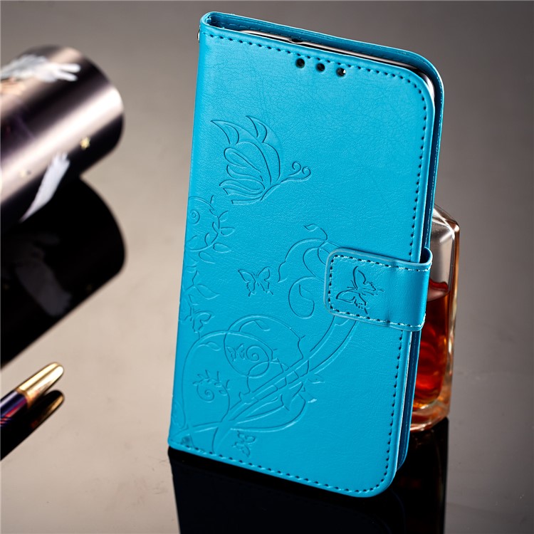 Imprint Butterfly Plant Magnetic Wallet PU Leather Stand Phone Case for Huawei P Smart / Enjoy 7S - Blue-7
