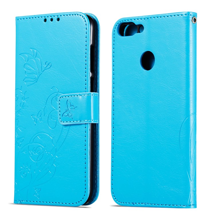Imprint Butterfly Plant Magnetic Wallet PU Leather Stand Phone Case for Huawei P Smart / Enjoy 7S - Blue-8