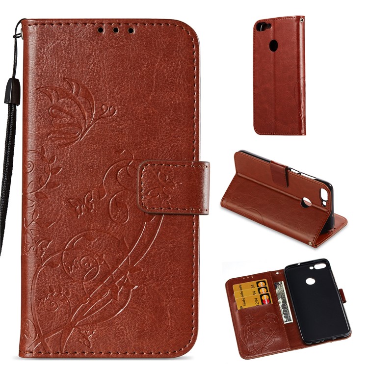 Imprint Butterfly Plant Magnetic Wallet PU Leather Stand Phone Cover for Huawei P Smart / Enjoy 7S - Brown-1