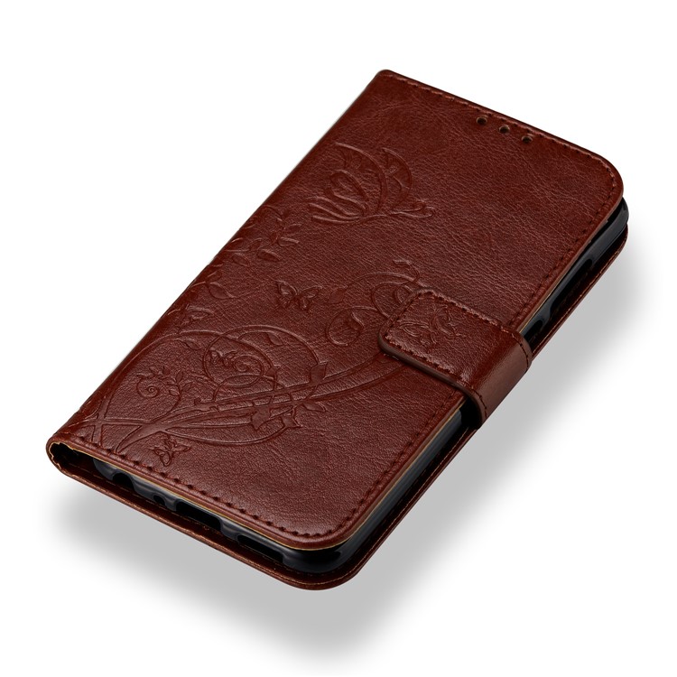 Imprint Butterfly Plant Magnetic Wallet PU Leather Stand Phone Cover for Huawei P Smart / Enjoy 7S - Brown-4