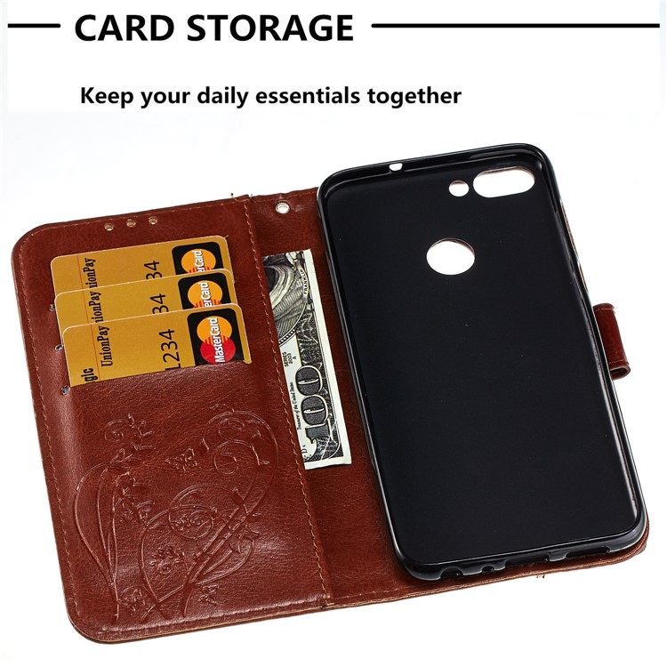 Imprint Butterfly Plant Magnetic Wallet PU Leather Stand Phone Cover for Huawei P Smart / Enjoy 7S - Brown-5