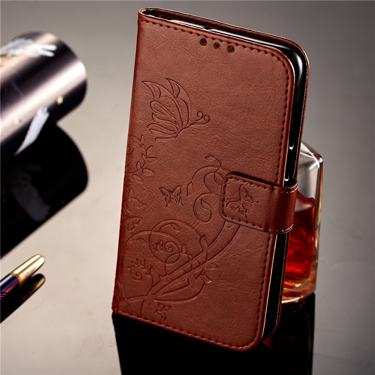 Imprint Butterfly Plant Magnetic Wallet PU Leather Stand Phone Cover for Huawei P Smart / Enjoy 7S - Brown-7