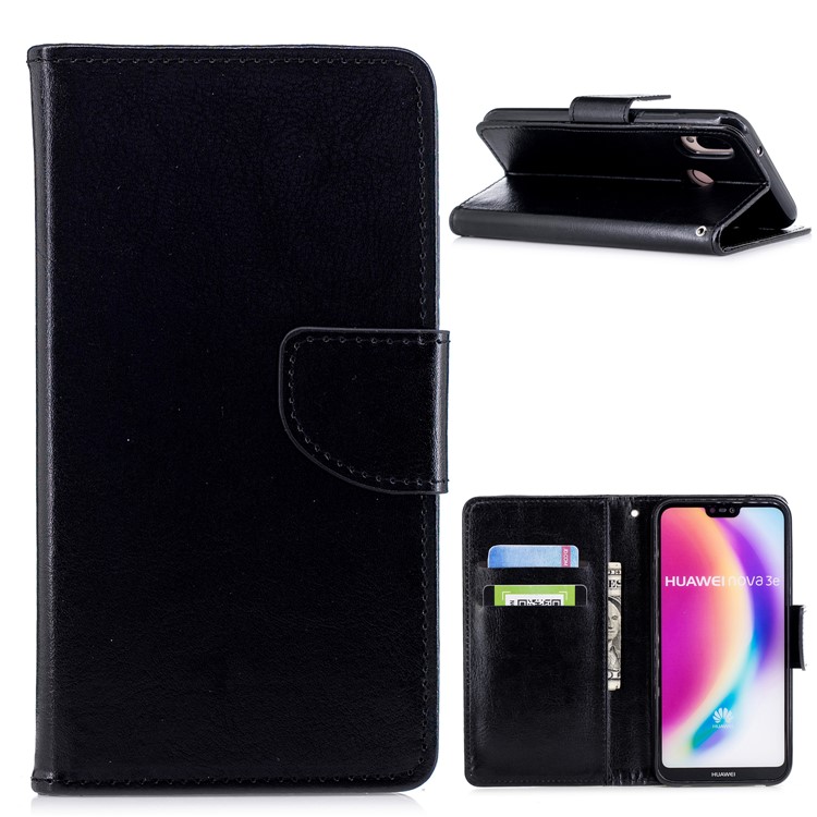 Solid Color Wallet Stand Leather Mobile Phone Case for Huawei P20 Lite/Nova 3e - Black-1