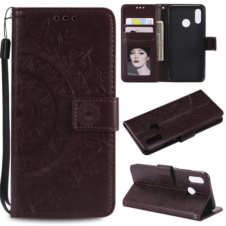 Imprinted Mandala Pattern Magnetic Wallet Leather Phone Cover Shell for Huawei P20 Lite / Nova 3e - Brown-1