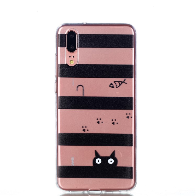 Pattern Printing Soft TPU Cell Phone Case Cover for Huawei P20 - Stripes and Cat-2