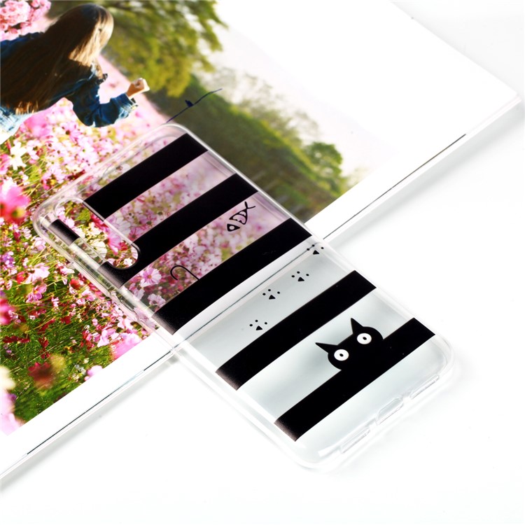 Pattern Printing Soft TPU Gel Back Phone Accessory Case for Huawei P20 Pro - Stripes and Cat-1