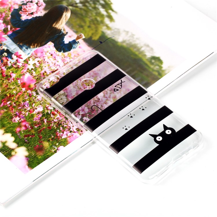 Pattern Printing Flexible TPU Mobile Case for Huawei P Smart / Enjoy 7S - Stripes and Cat-1