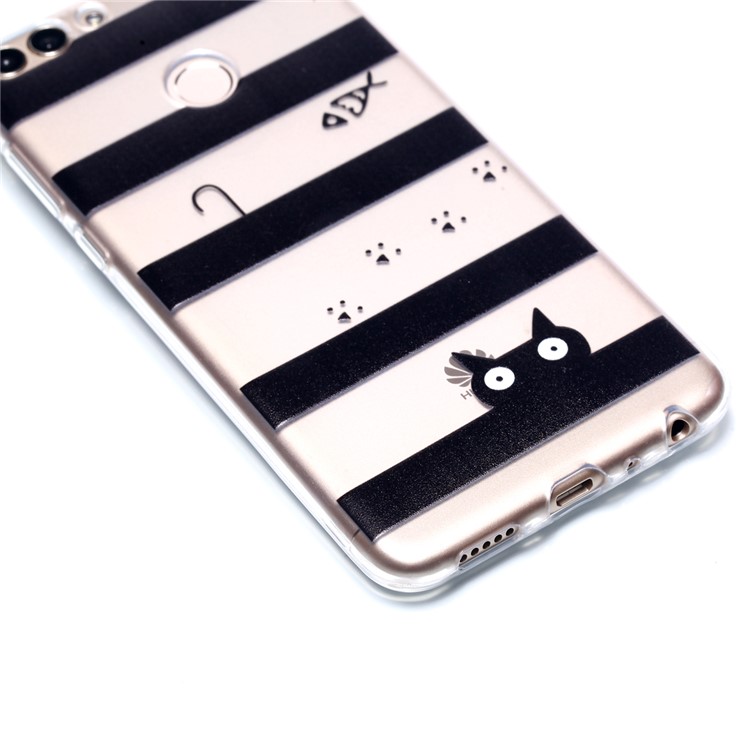 Pattern Printing Flexible TPU Mobile Case for Huawei P Smart / Enjoy 7S - Stripes and Cat-2