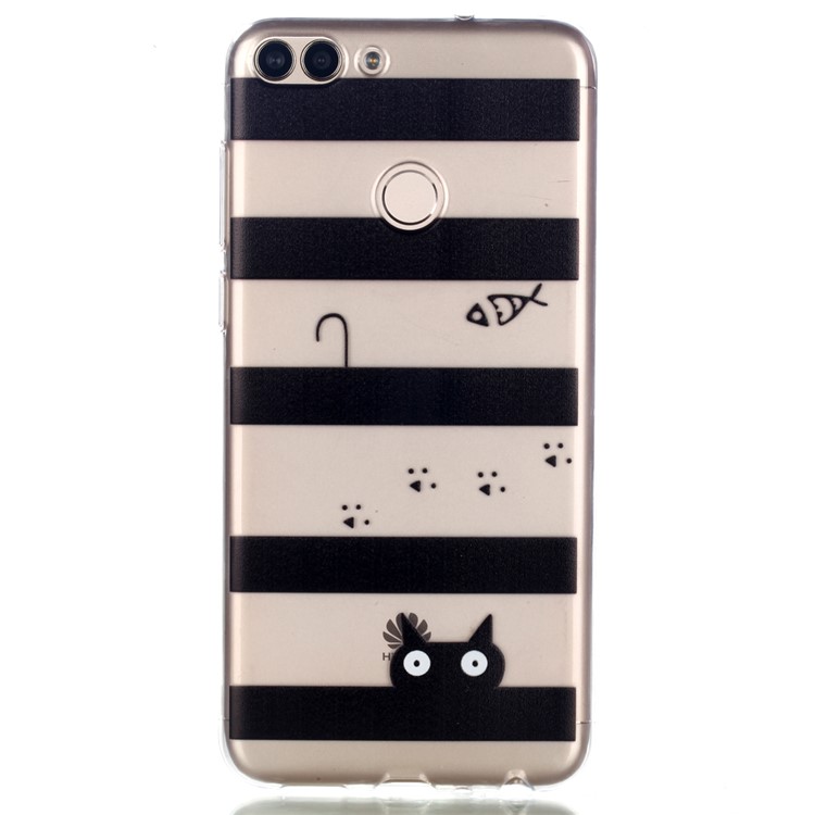 Pattern Printing Flexible TPU Mobile Case for Huawei P Smart / Enjoy 7S - Stripes and Cat-5