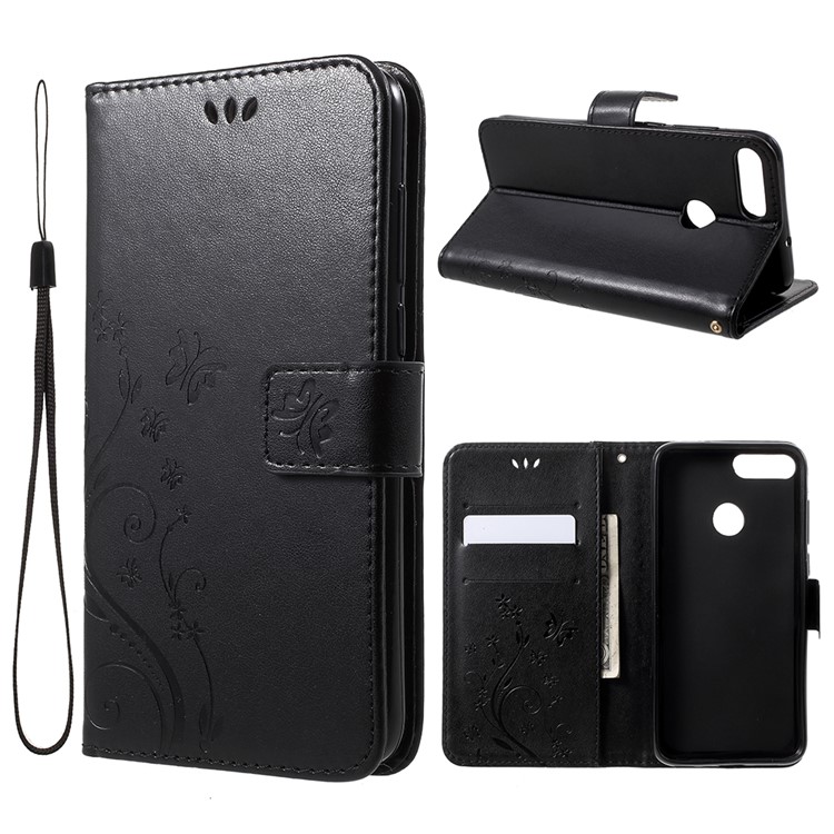 Imprint Butterfly Flower Leather Wallet Stand Case for Huawei P Smart / Enjoy 7S - Black-1