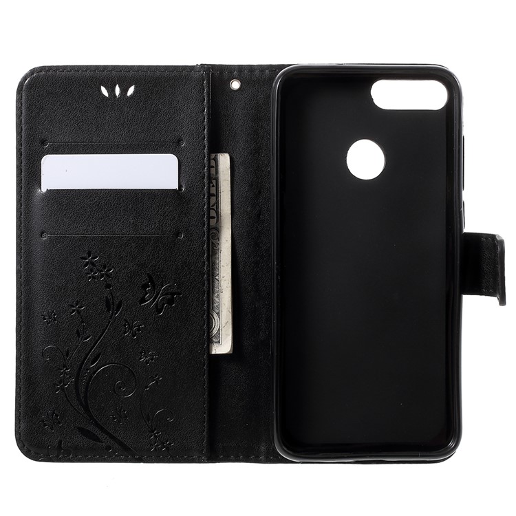 Imprint Butterfly Flower Leather Wallet Stand Case for Huawei P Smart / Enjoy 7S - Black-5