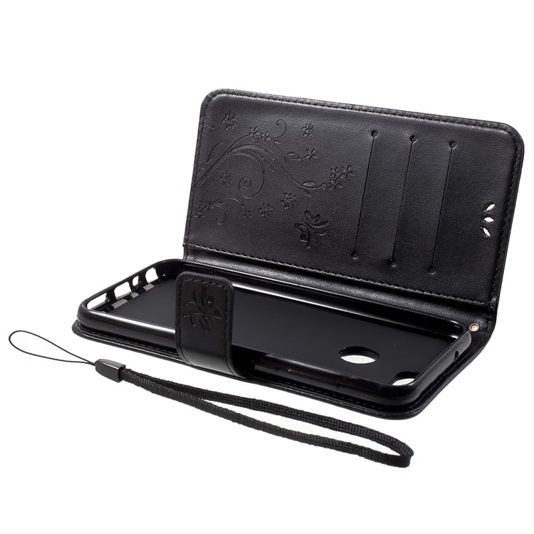 Imprint Butterfly Flower Leather Wallet Stand Case for Huawei P Smart / Enjoy 7S - Black-7