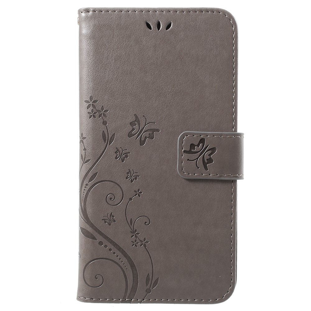 Imprint Butterfly Flower Leather Wallet Stand Cover for Huawei P Smart / Enjoy 7S - Grey-1