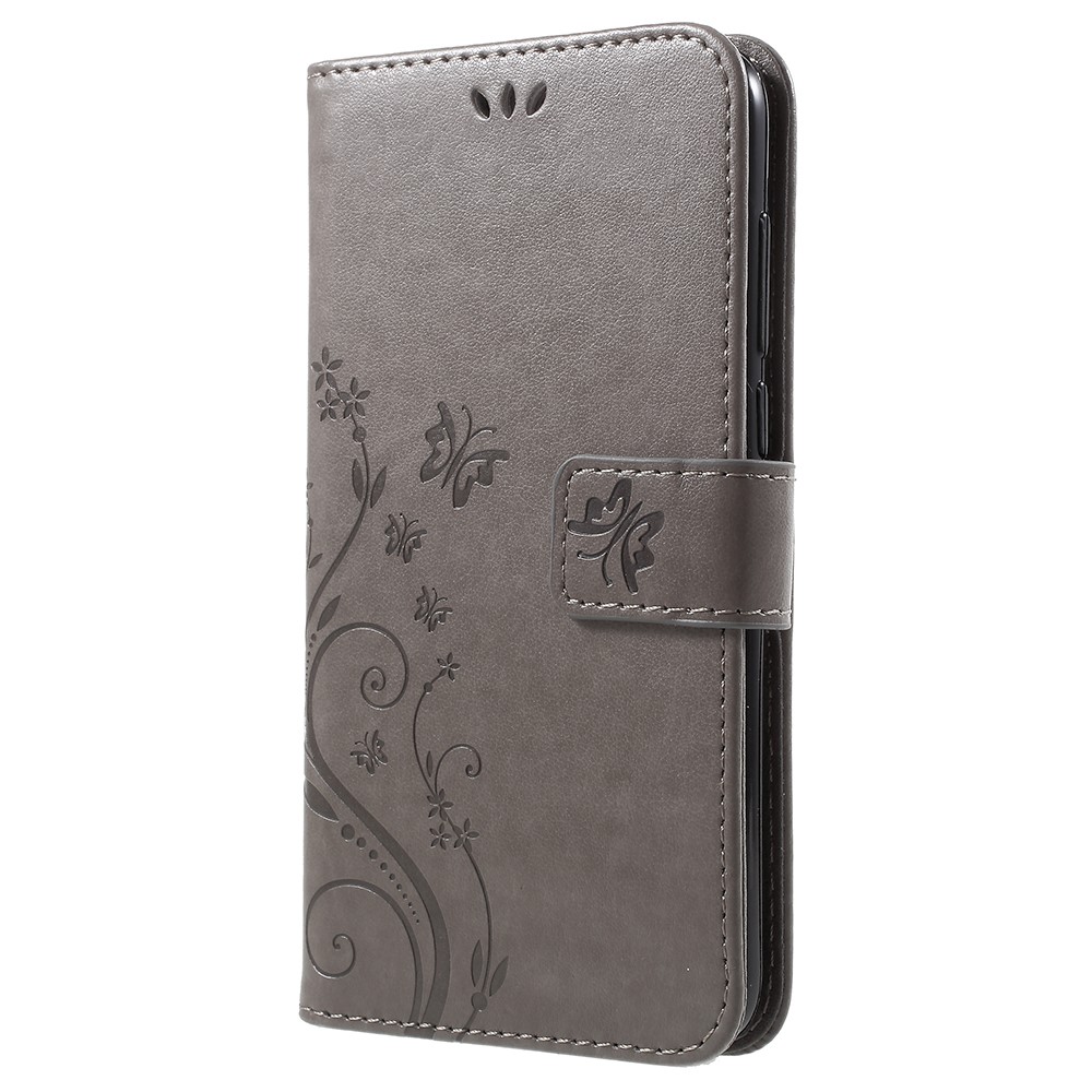 Imprint Butterfly Flower Leather Wallet Stand Cover for Huawei P Smart / Enjoy 7S - Grey-2