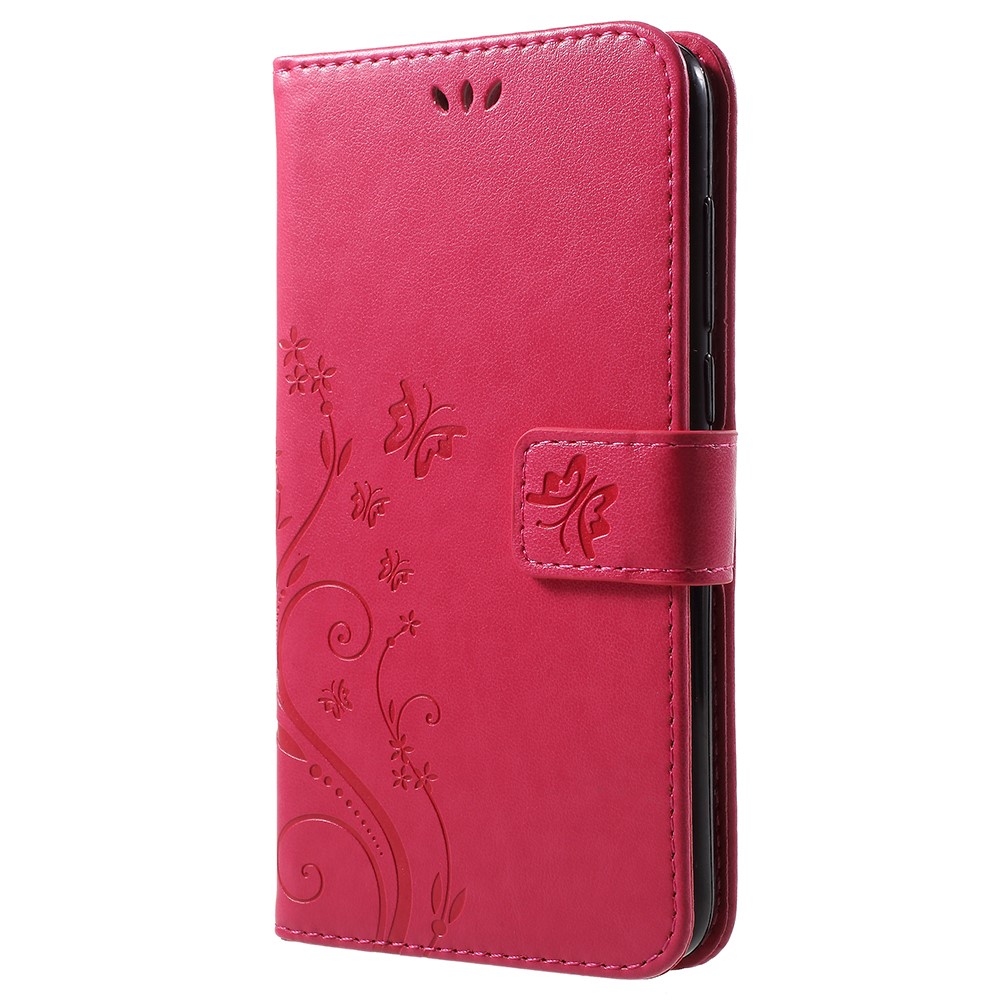Imprint Butterfly Flower Leather Wallet Stand Shell for Huawei P Smart / Enjoy 7S - Rose-2