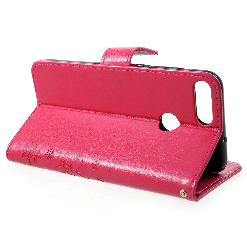 Imprint Butterfly Flower Leather Wallet Stand Shell for Huawei P Smart / Enjoy 7S - Rose-4