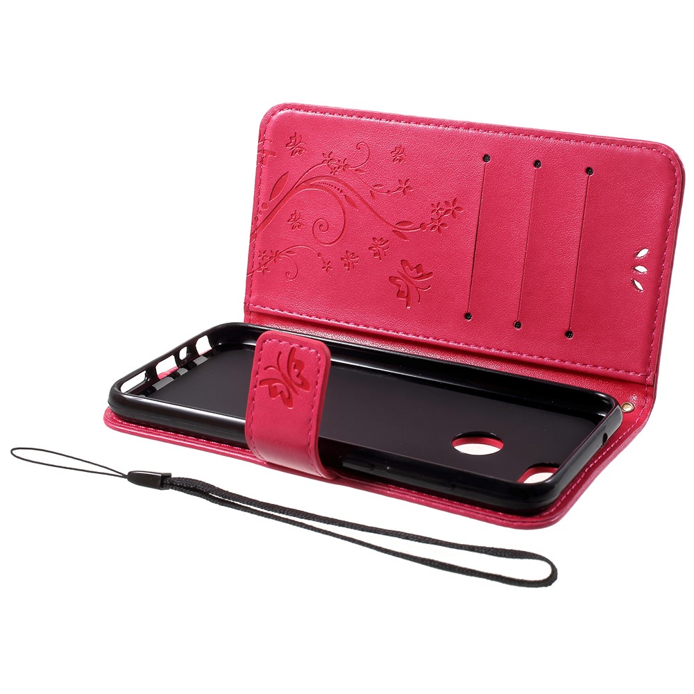 Imprint Butterfly Flower Leather Wallet Stand Shell for Huawei P Smart / Enjoy 7S - Rose-5