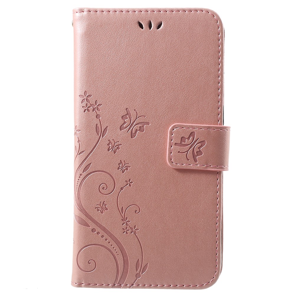 Imprint Butterfly Flower Leather Wallet Stand Flip Case for Huawei P Smart / Enjoy 7S - Rose Gold-1