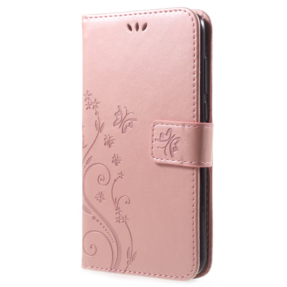 Imprint Butterfly Flower Leather Wallet Stand Flip Case for Huawei P Smart / Enjoy 7S - Rose Gold-2