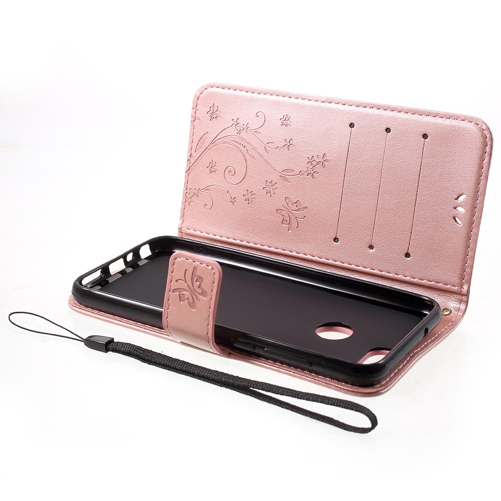 Imprint Butterfly Flower Leather Wallet Stand Flip Case for Huawei P Smart / Enjoy 7S - Rose Gold-5