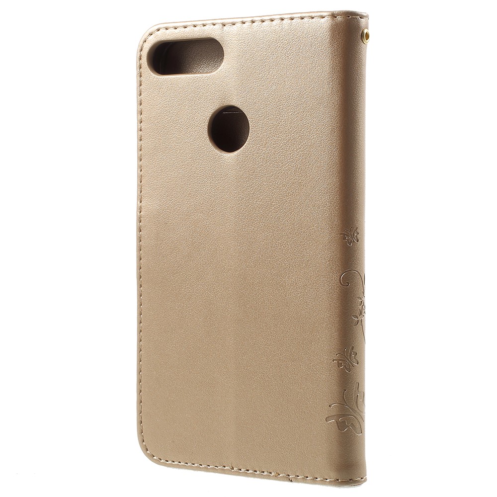Imprint Butterfly Flower Leather Wallet Stand Phone Casing for Huawei P Smart / Enjoy 7S - Gold-3