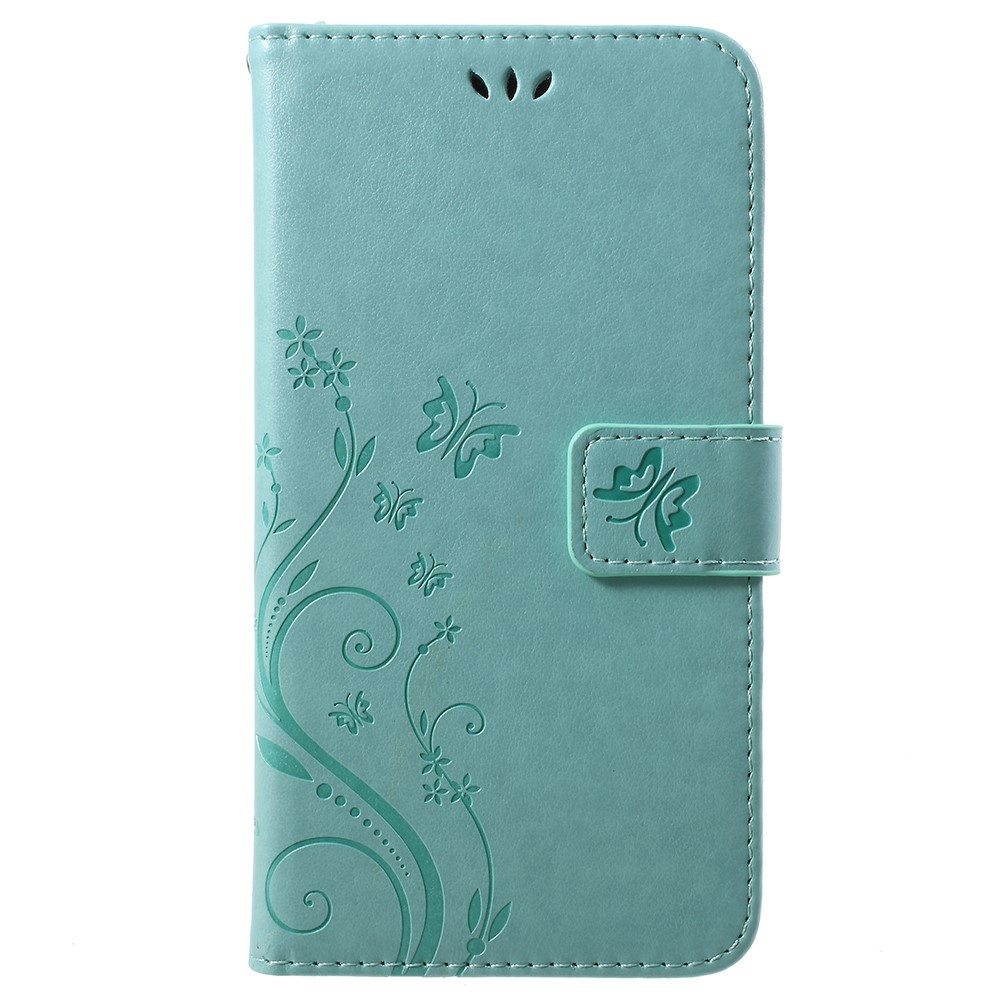 Imprint Butterfly Flower Leather Wallet Stand Mobile Cover for Huawei P Smart / Enjoy 7S - Cyan-1