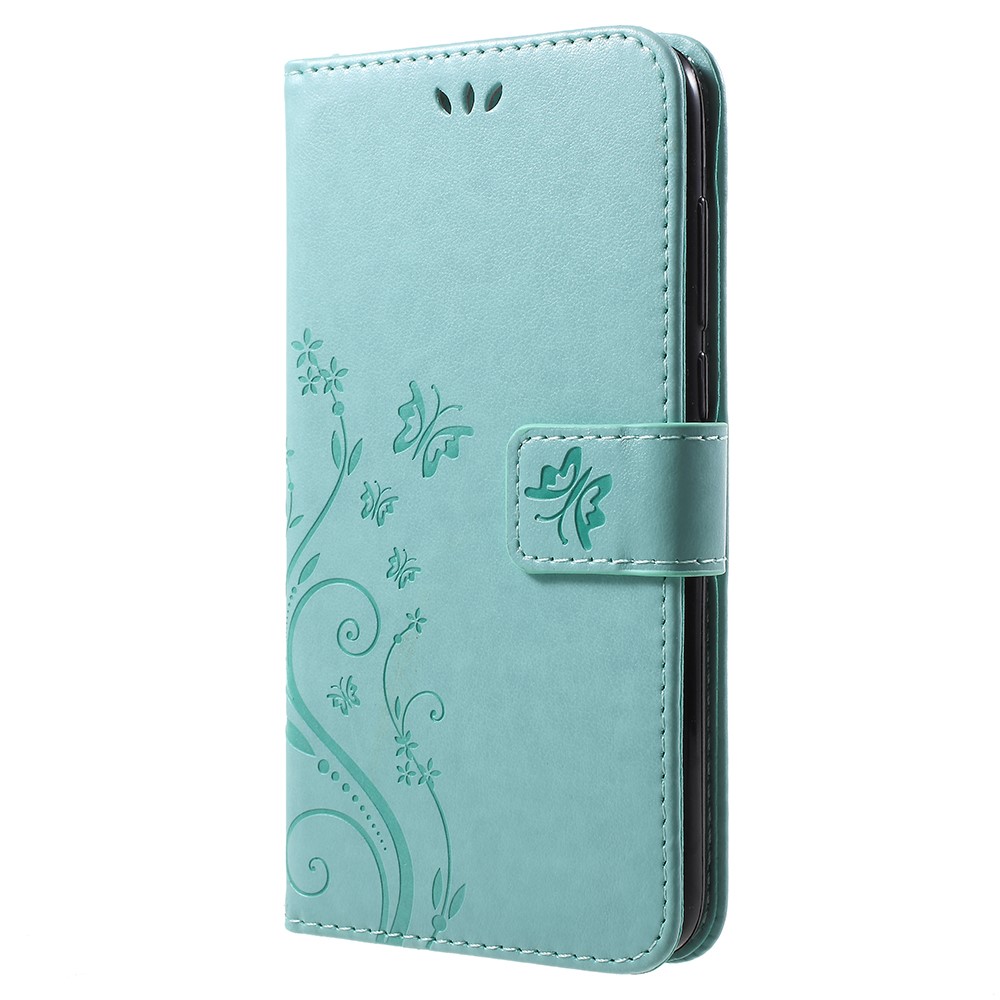 Imprint Butterfly Flower Leather Wallet Stand Mobile Cover for Huawei P Smart / Enjoy 7S - Cyan-2
