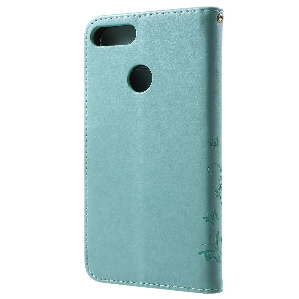 Imprint Butterfly Flower Leather Wallet Stand Mobile Cover for Huawei P Smart / Enjoy 7S - Cyan-3