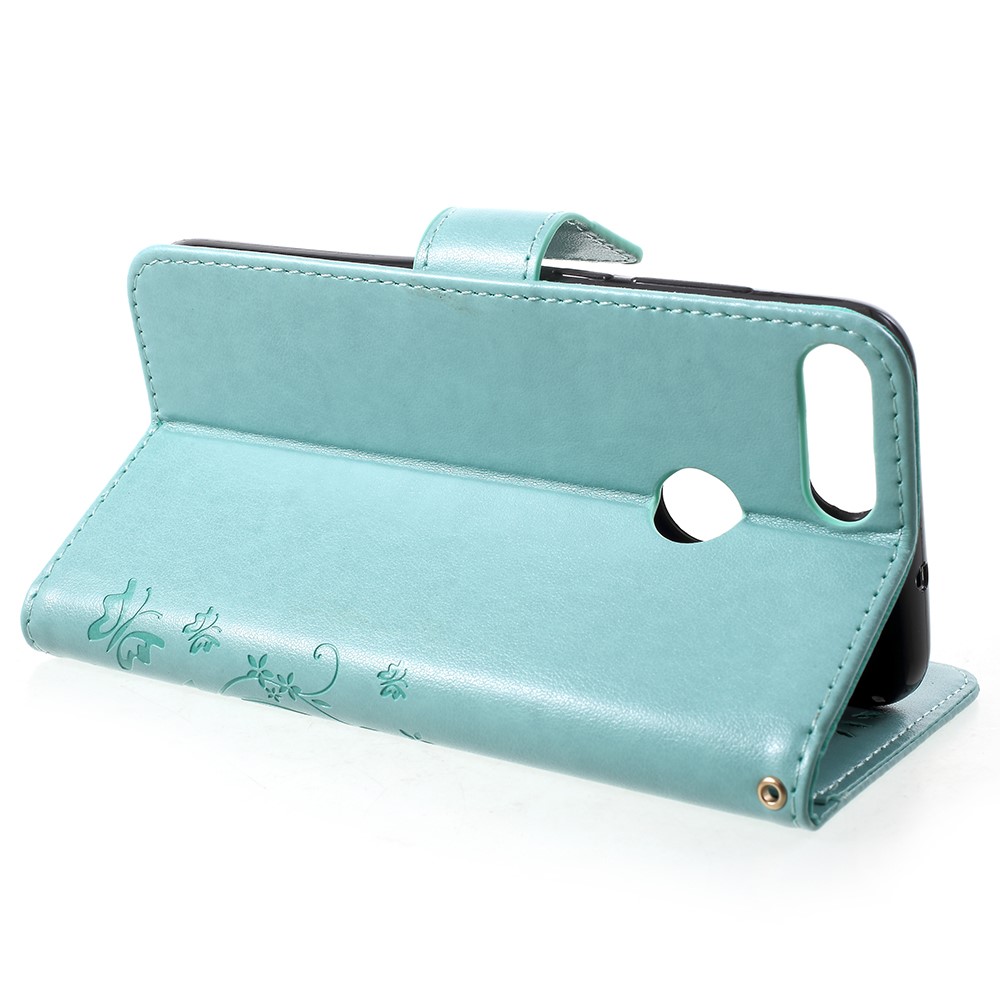 Imprint Butterfly Flower Leather Wallet Stand Mobile Cover for Huawei P Smart / Enjoy 7S - Cyan-4