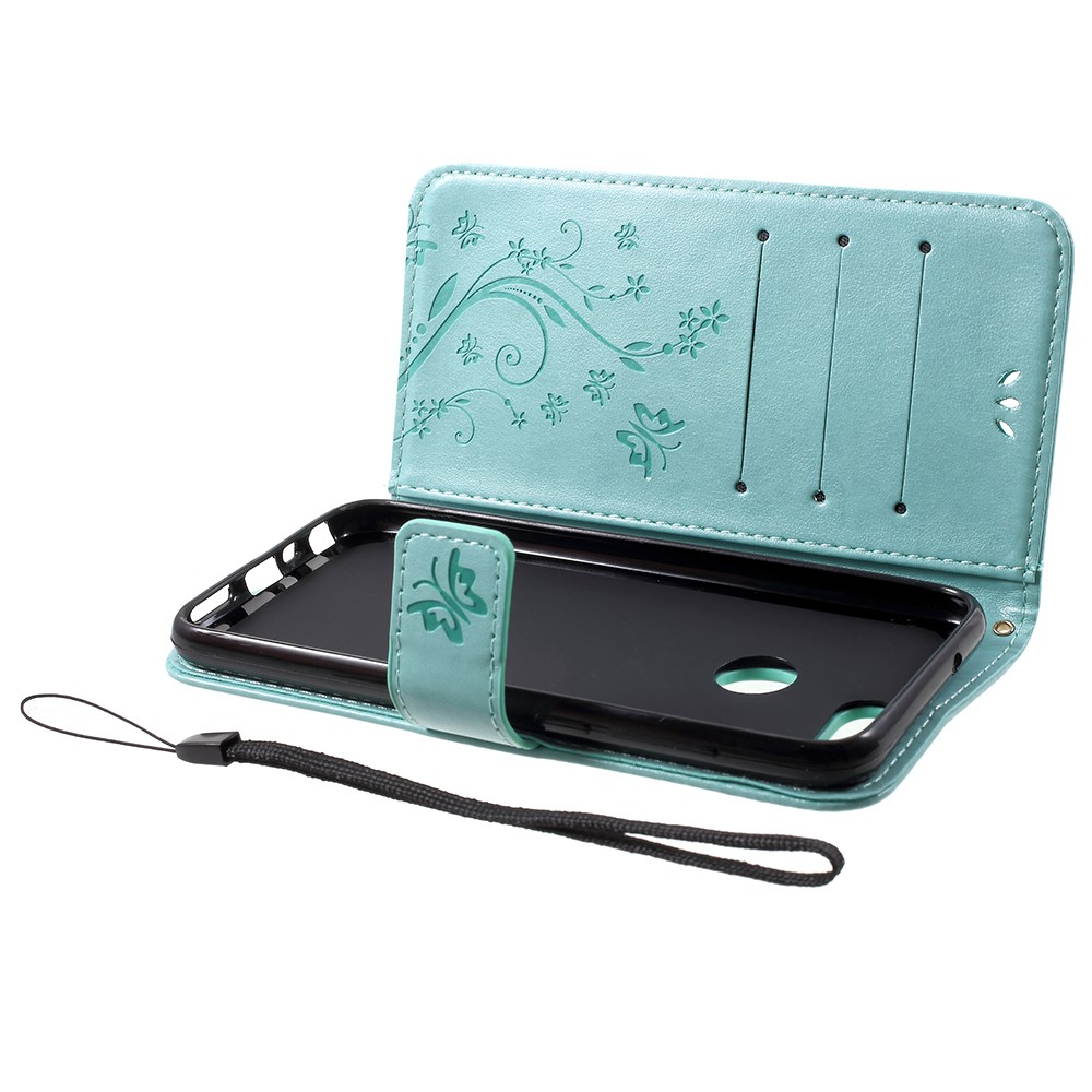 Imprint Butterfly Flower Leather Wallet Stand Mobile Cover for Huawei P Smart / Enjoy 7S - Cyan-5
