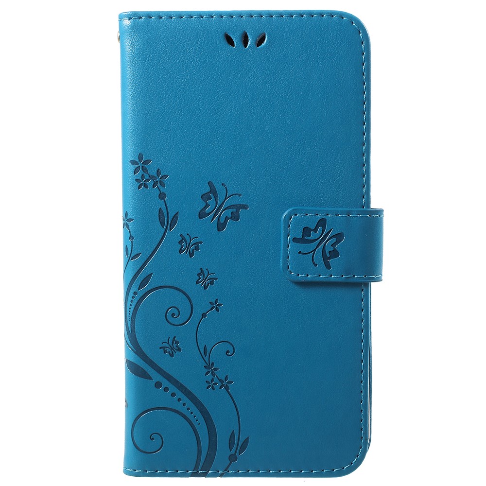 Imprint Butterfly Flower Leather Wallet Stand Protective Case for Huawei P Smart / Enjoy 7S - Blue-1