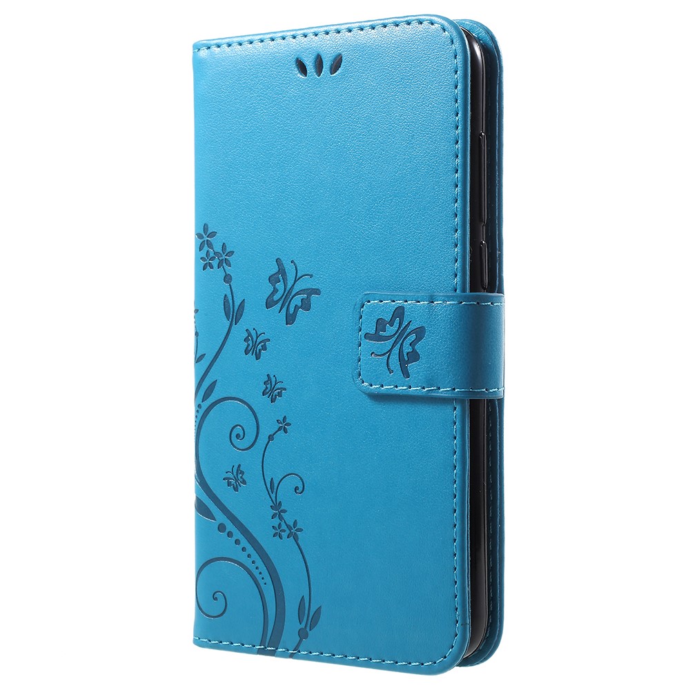 Imprint Butterfly Flower Leather Wallet Stand Protective Case for Huawei P Smart / Enjoy 7S - Blue-2
