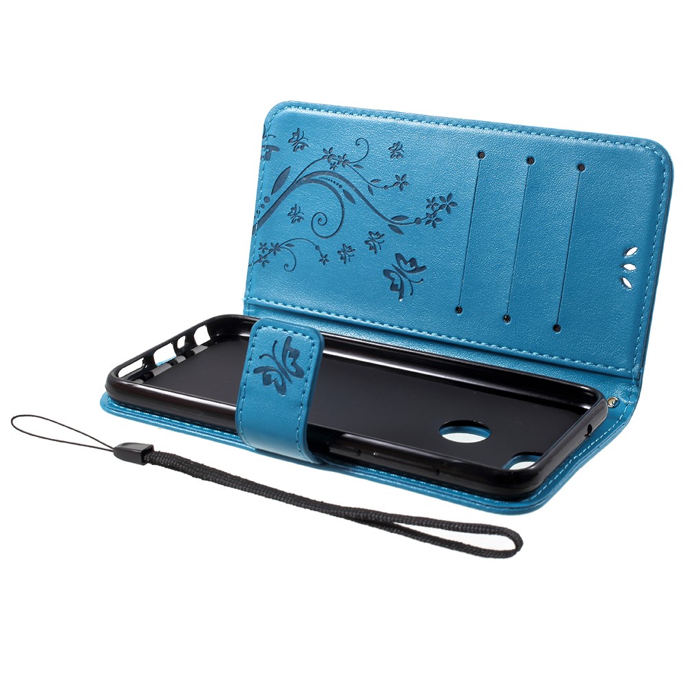 Imprint Butterfly Flower Leather Wallet Stand Protective Case for Huawei P Smart / Enjoy 7S - Blue-5